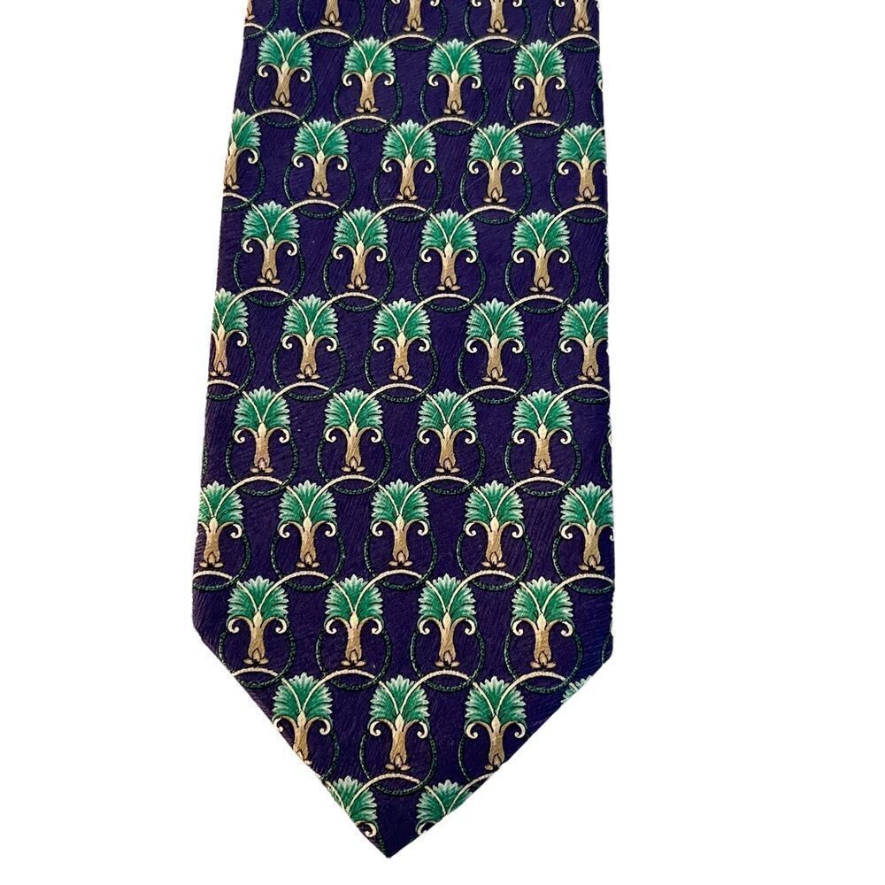 Vintage Tom James Silk Tie Art Deco Palm Tree Design w/ Circles Navy Green Gold